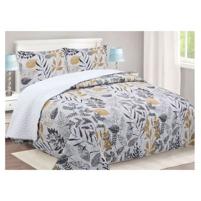 Imagen 2 del producto Cubrecama Quilt Sherpa 2 Plazas Modelo Hojas Mostaza + 2 Fundas