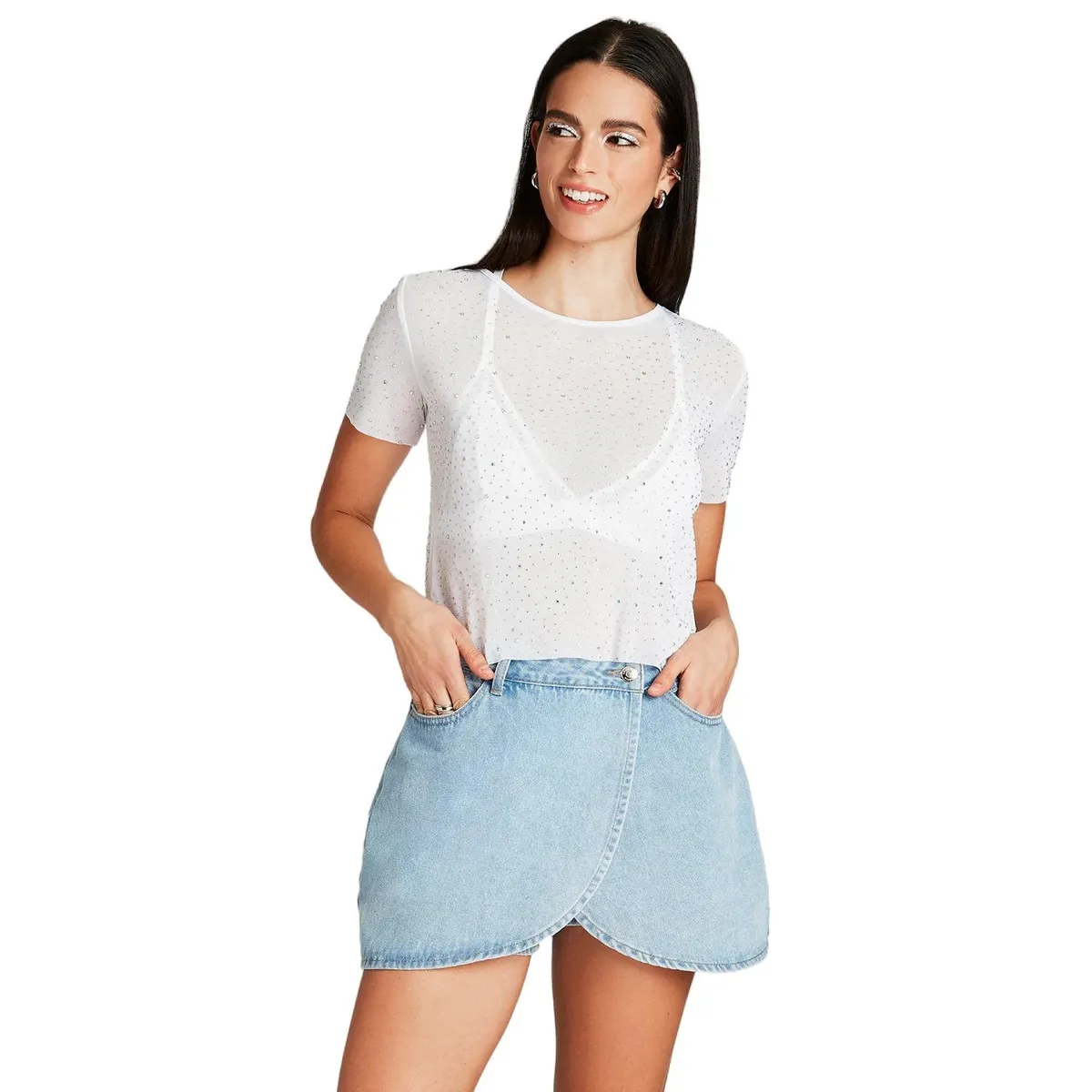 ACUARELA - Polera Blanca Manga Corta Con Aplicación