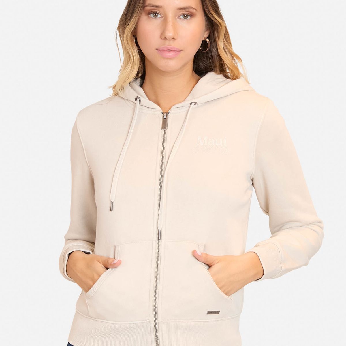 MAUI AND SONS - Poleron Fullzipper Flowers For Me Crew Neck Beige  Mujer Maui And Sons