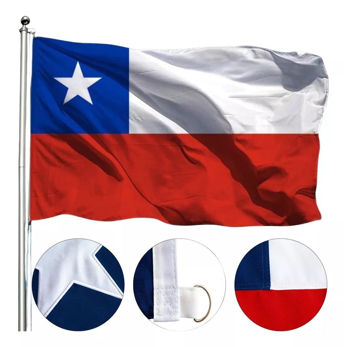 GENERICO - Bandera Chilena 210 X 140 Bordada De Alta Calidad Con Aros