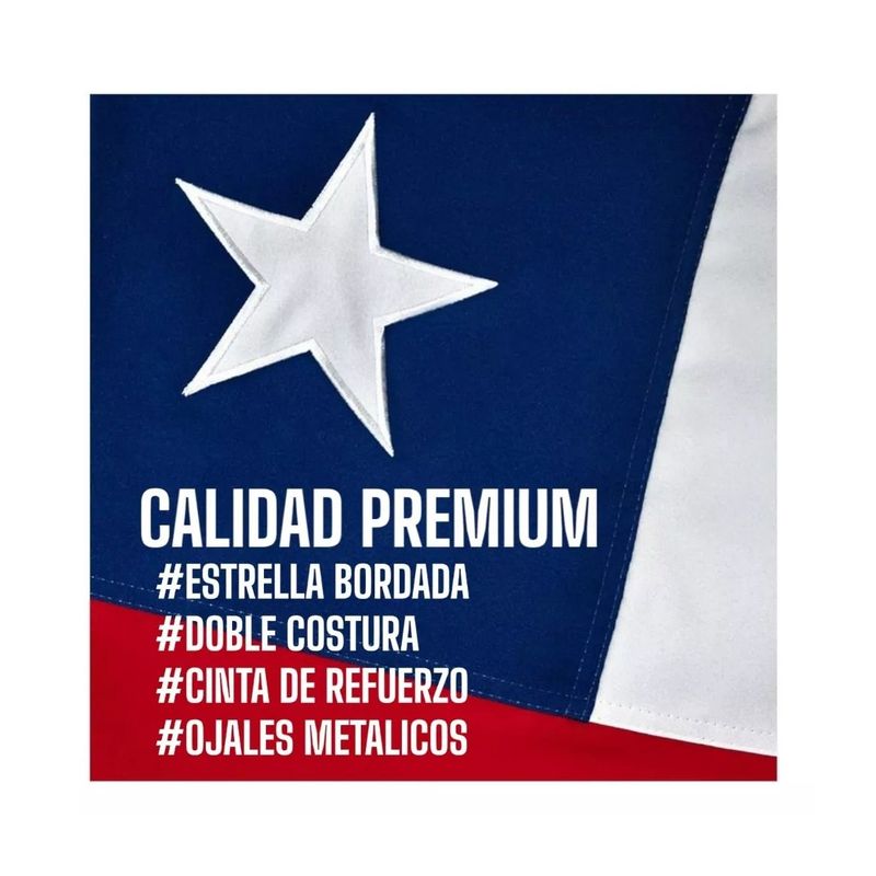 GENERICO - Bandera Chilena 180 x 120cm Bordada De Alta Calidad Con Aros