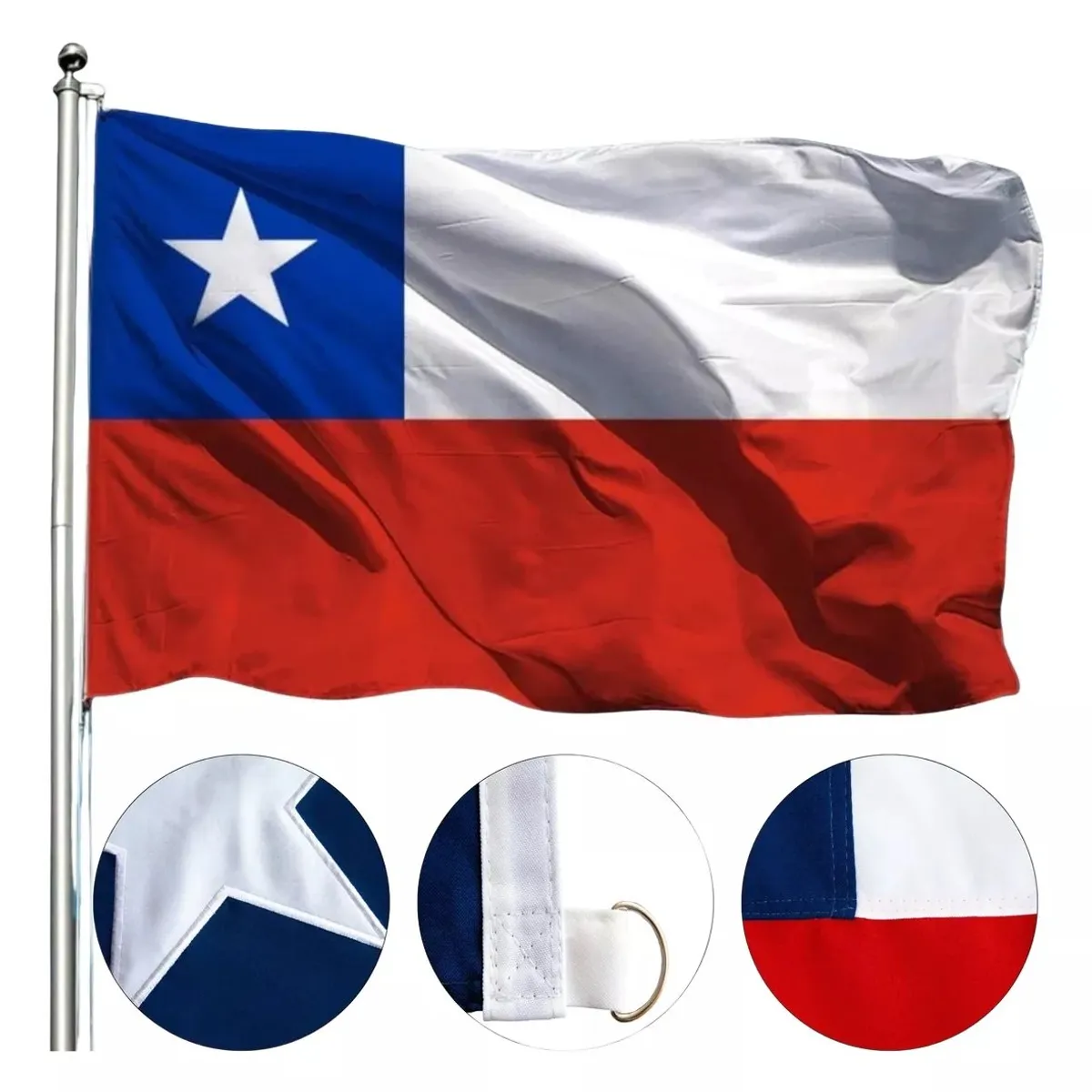 GENERICO - Bandera Chilena 135 X 90 Cm Bordada De Alta Calidad Con Aros