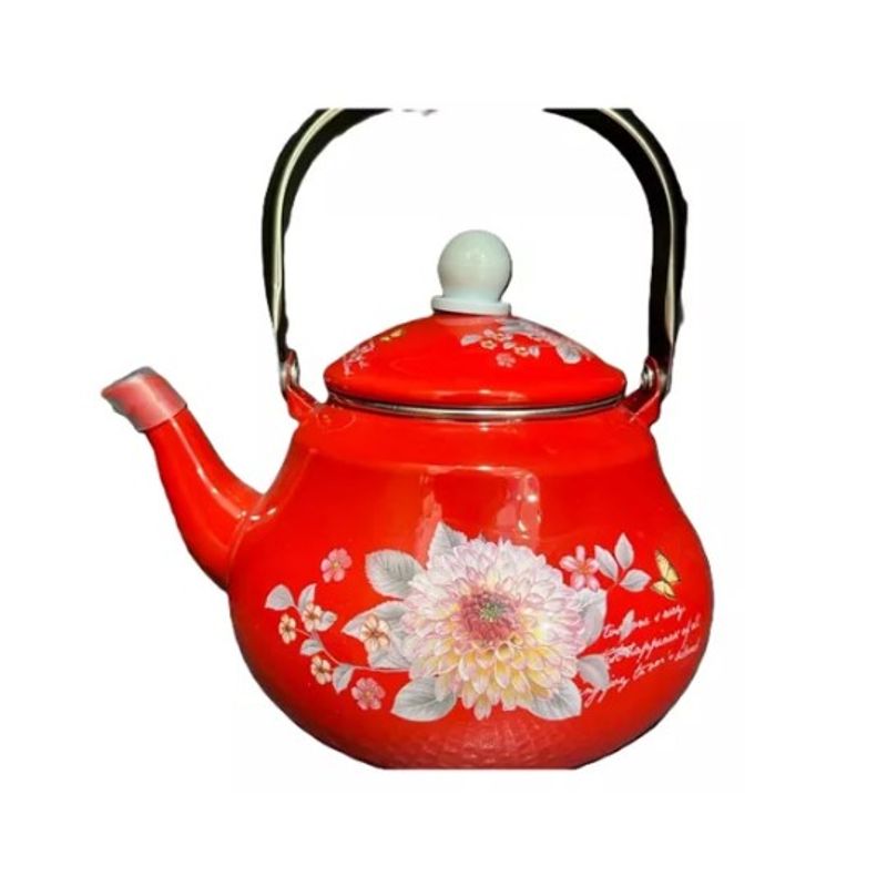 GENERICO - TETERA ENLOSADA Y ESMALTADA DE 2 LITROS CON DISEÑO ROJO FLOR