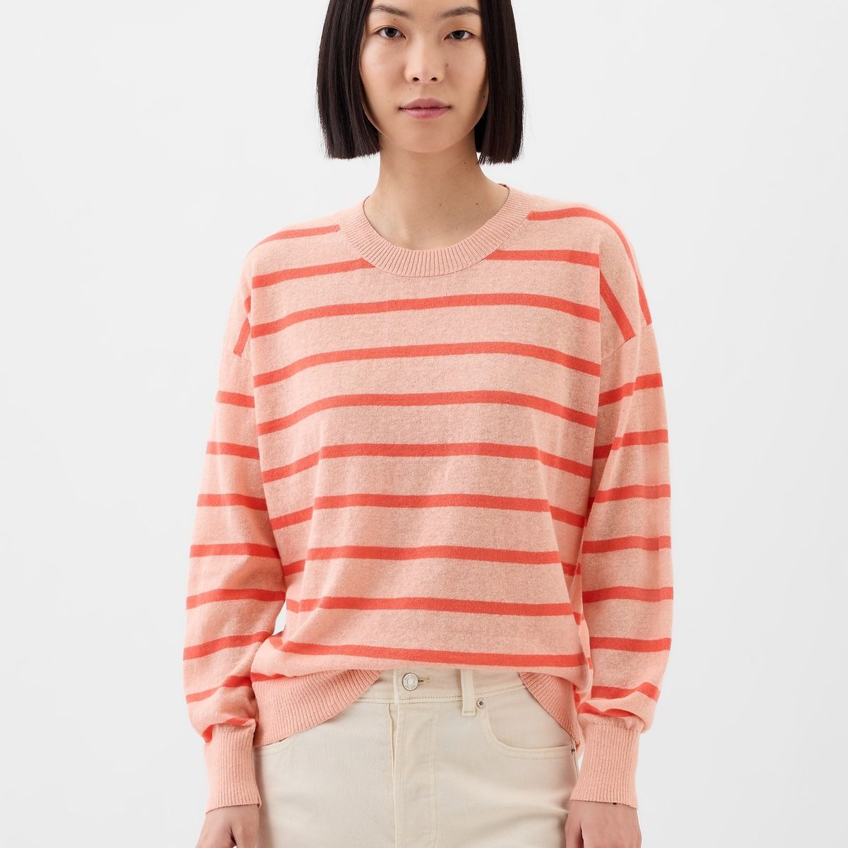 GAP - Chaleco Mujer Lino Cuello Redondo Rayado Rosado GAP