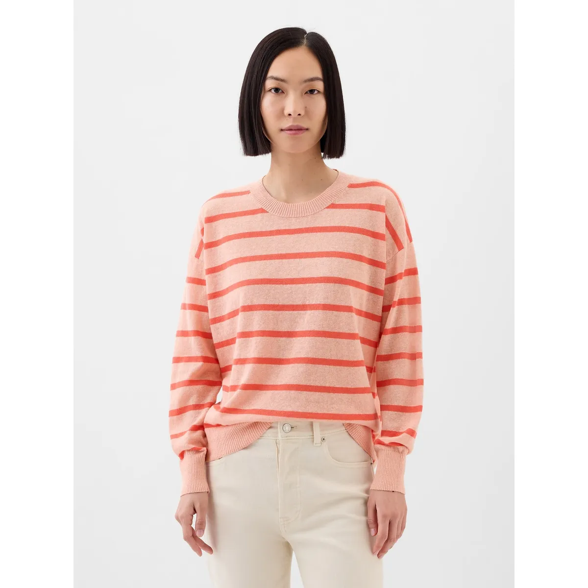 GAP - Chaleco Mujer Lino Cuello Redondo Rayado Rosado GAP