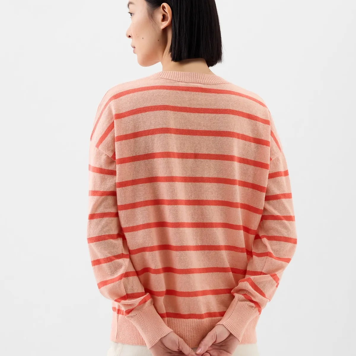 GAP - Chaleco Mujer Lino Cuello Redondo Rayado Rosado GAP