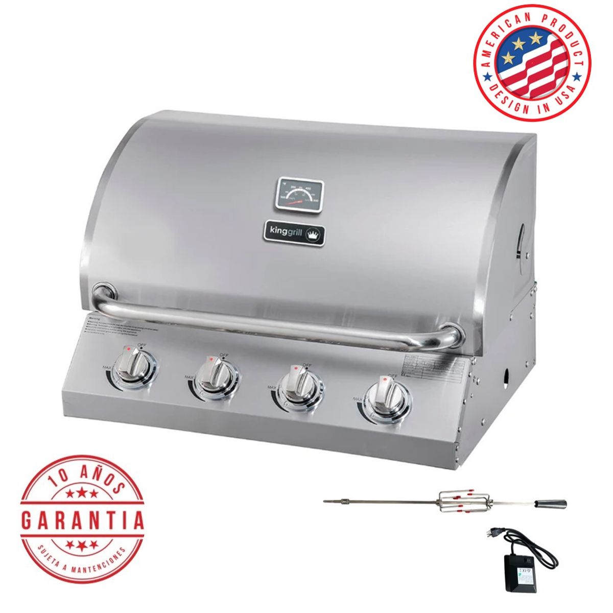 KING GRILL - Parrilla a gas empotrada de 4 quemadores+ Spiedo con Motor