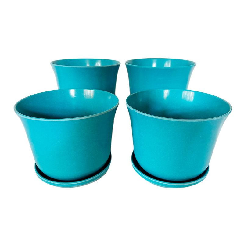 DECOGREEN - SET DE 4 MACETEROS BIODEGRADABLES CURVO TURQUESA PLATO