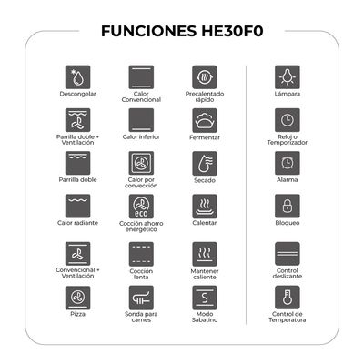 Imagen 2 del producto Horno Empotrable Eléctrico 60 Litros Touch 11 Funciones Deluxe HE30T0