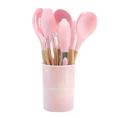 BAZUCA - Set De 12 Utensilios De Cocina De Silicona Mango De Madera Rosado