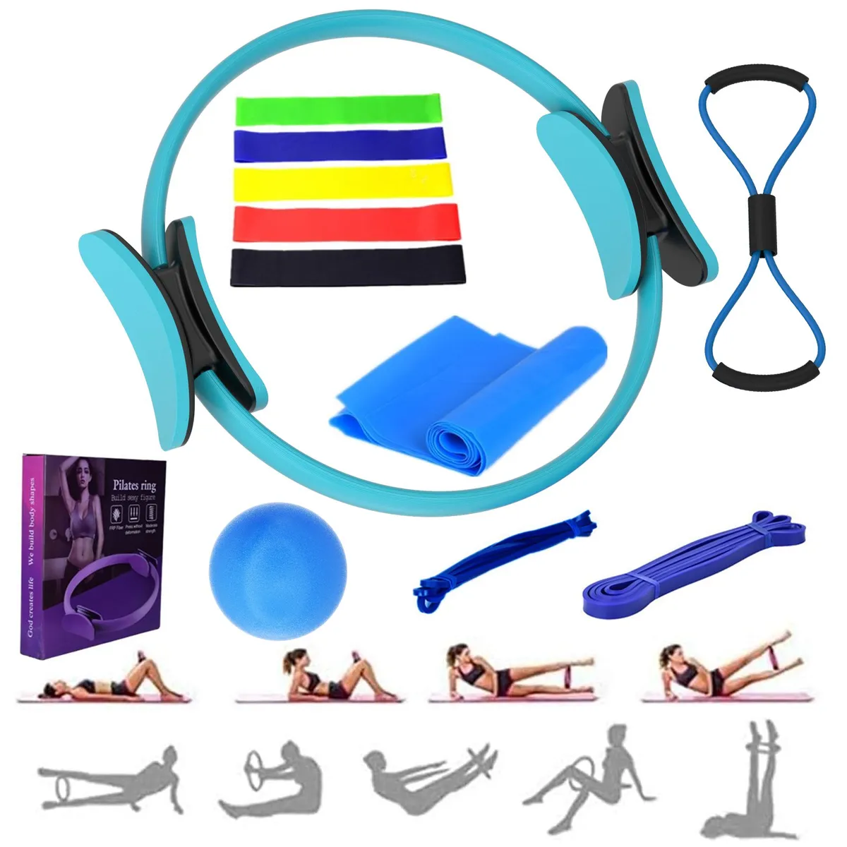 KOKILA - Kit Pilates 12 Pzas  Aro Yoga + Bandas Elásticas Fitness