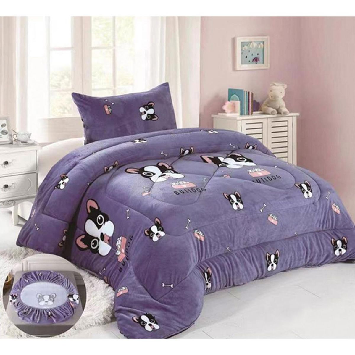 GENERICO - Cobertor Chiporro y Sabana Bajera Polar Infantil 1.5 Plazas Morado Dog