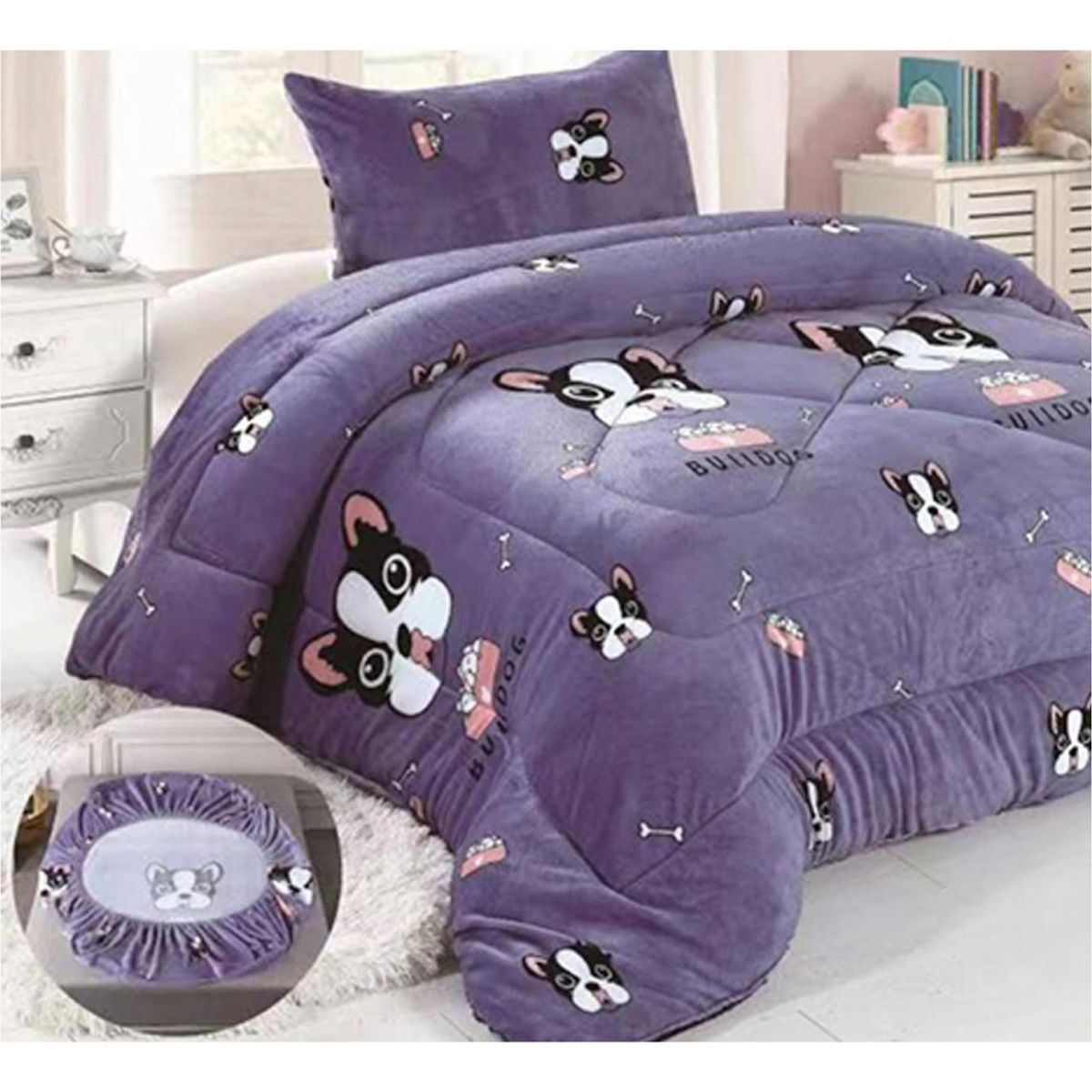 GENERICO - Cobertor Chiporro y Sabana Bajera Polar Infantil 1.5 Plazas Morado Dog