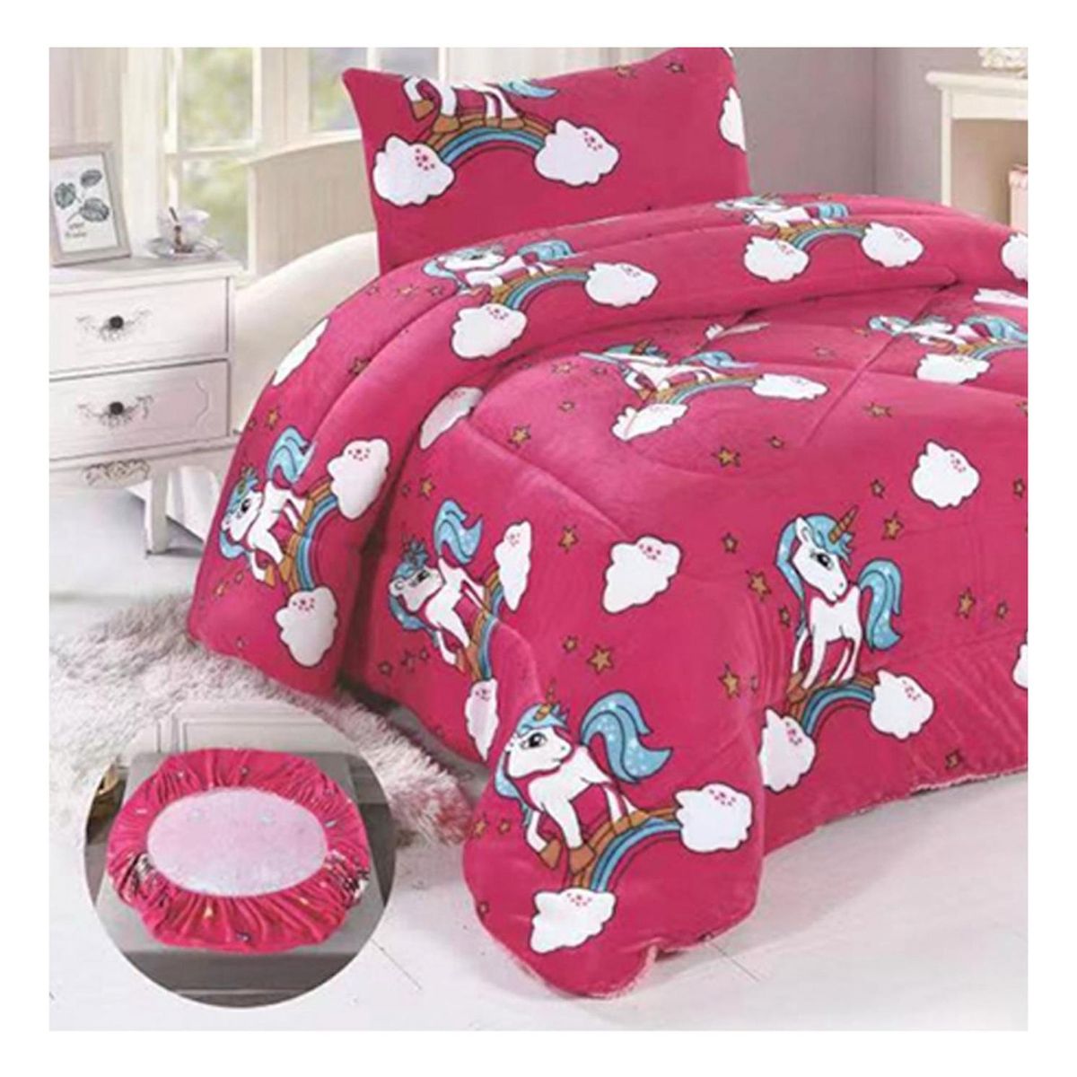 GENERICO - Cobertor Chiporro y Sabana Bajera Polar Infantil 1.5 Plazas Fucsia Unicornio