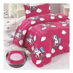 GENERICO - Cobertor Chiporro y Sabana Bajera Polar Infantil 1.5 Plazas Fucsia Unicornio