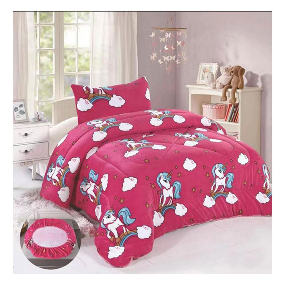 GENERICO - Cobertor Chiporro y Sabana Bajera Polar Infantil 1.5 Plazas Fucsia Unicornio