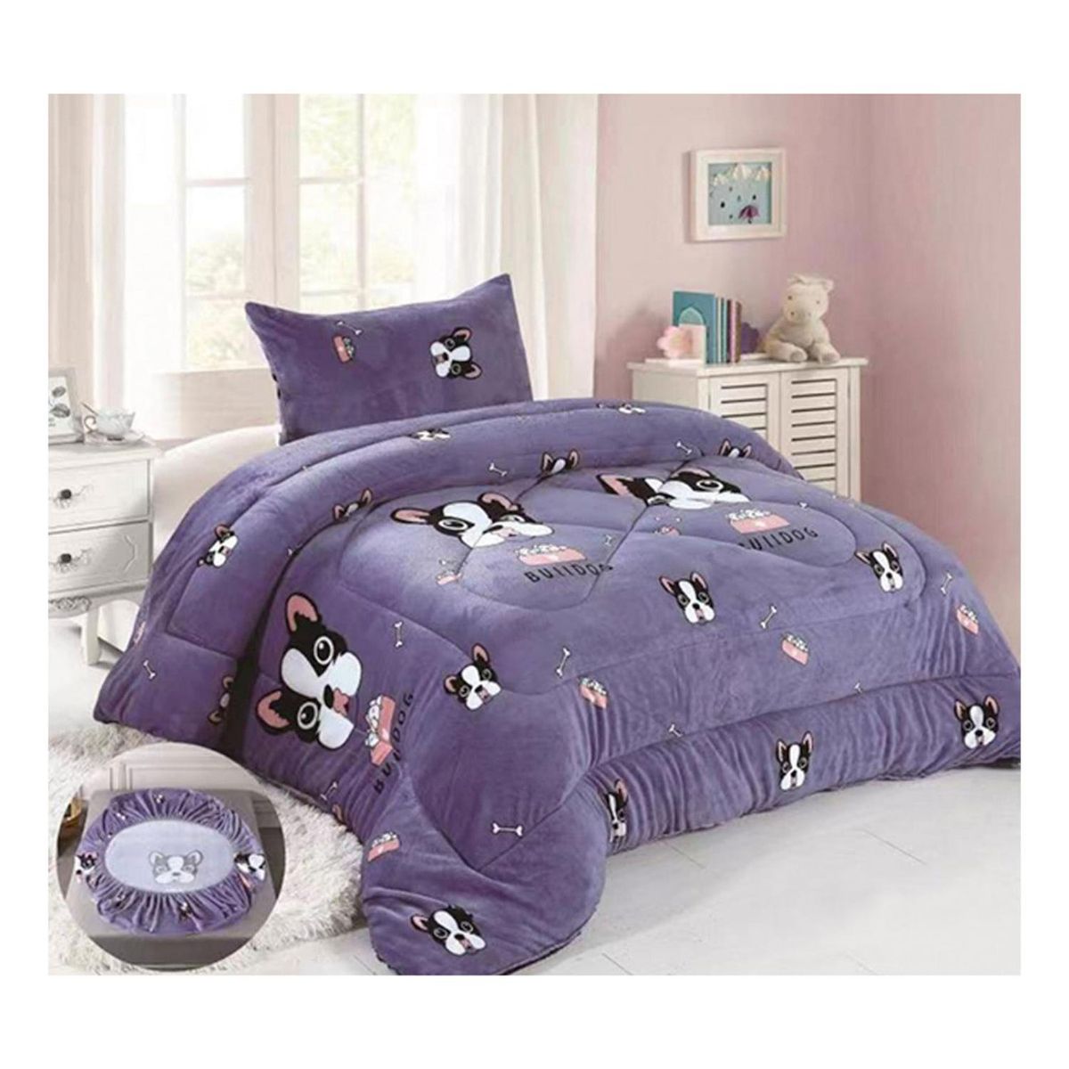 GENERICO - Cobertor Chiporro y Sabana Bajera Polar Infantil 1.5 Plazas Morado Dog