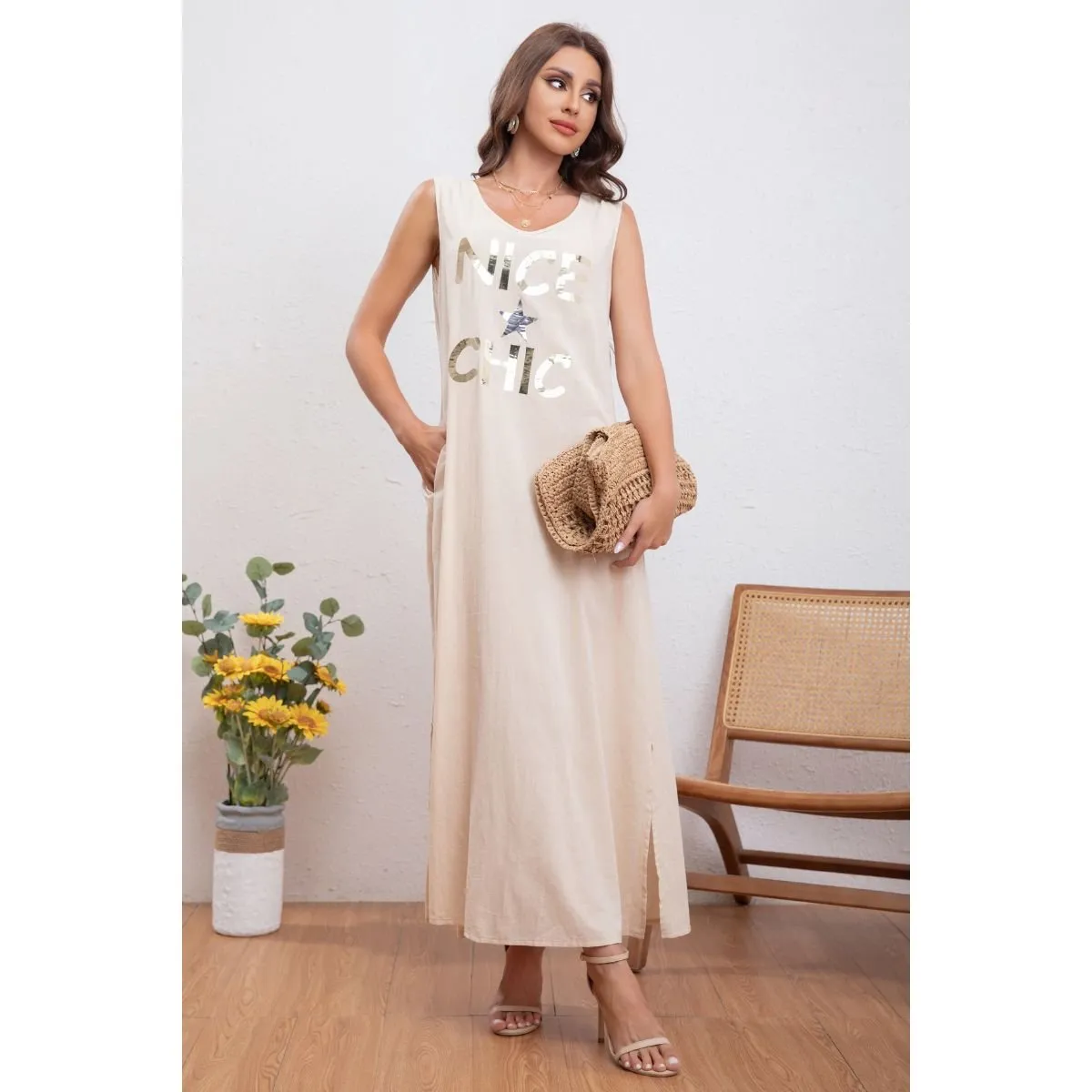 LIKE SHOP - Vestido Lino Largo Primavera Verano Mujer Variedad Colores 300