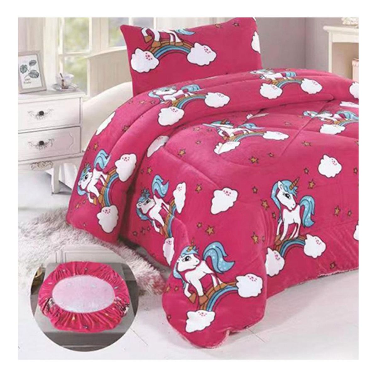 GENERICO - Cobertor Chiporro y Sabana Bajera Polar Infantil 1.5 Plazas Fucsia Unicornio