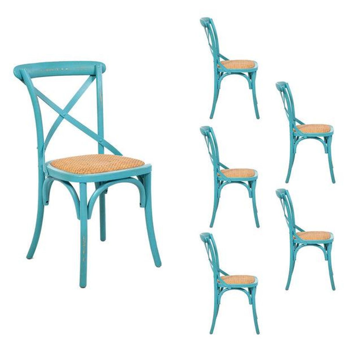 SPAZZIO - Kit 6 Sillas Madera Retro Rattan turquesa
