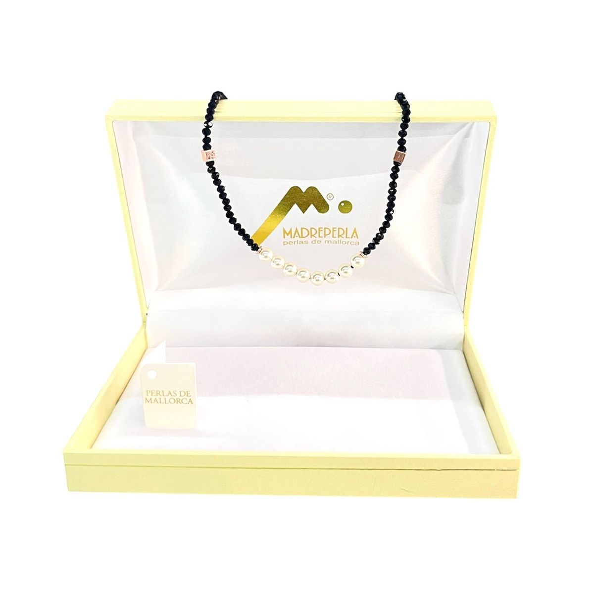 MALLORCA - Set Collar de Perlas Cristal Onix mas Collar de Cristal Corazon Onix