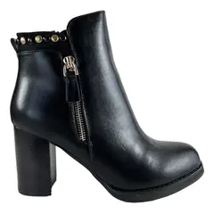 VIA UNO - Botin Negro Taco Cuero Pu