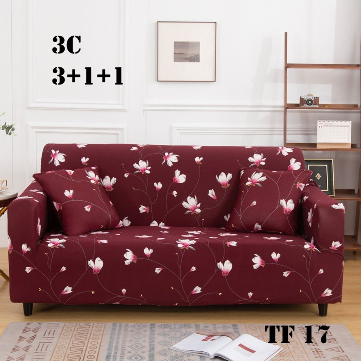 GENERICO - Set de Fundas de Sillones 3+1+1 Cpo Poliéster Elástico Burdeos TF17