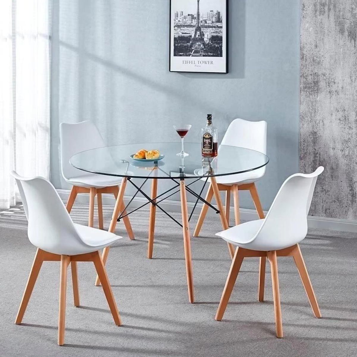 PANDALINO - Comedor Mesa Redonda Elida 100cm + 4 Sillas Tulip blanca