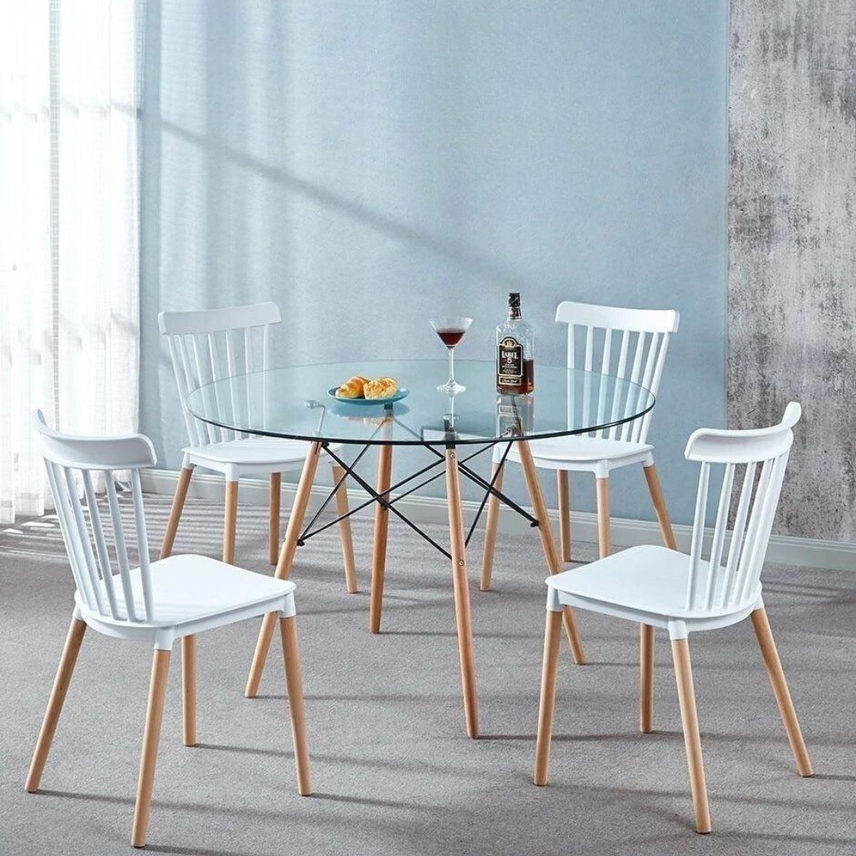 PANDALINO - Comedor Mesa Redonda Elida 100cm + 4 Sillas Windsor Blanca