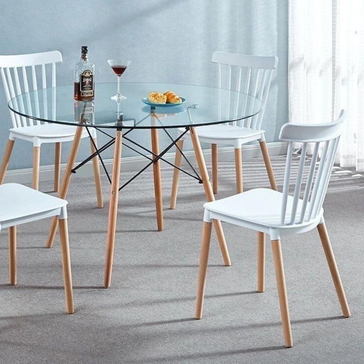 PANDALINO - Comedor Mesa Redonda Elida 100cm + 4 Sillas Windsor Blanca