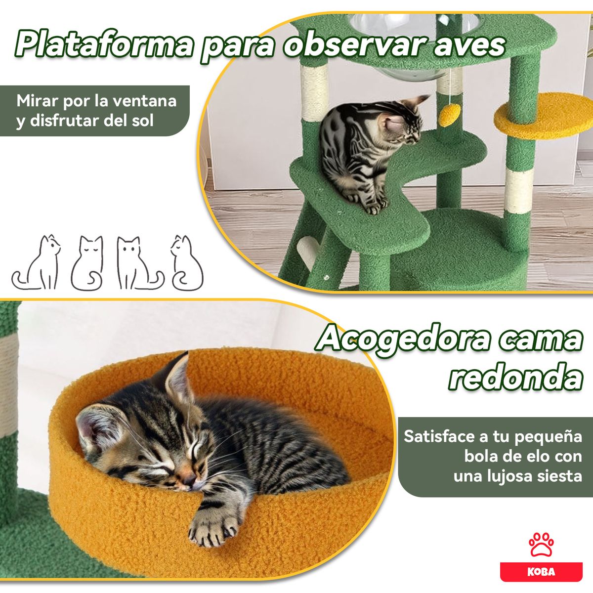 KOBA - Rascadores Para Gatos Yute Torre Multifuncional Cama Cactus 130cm