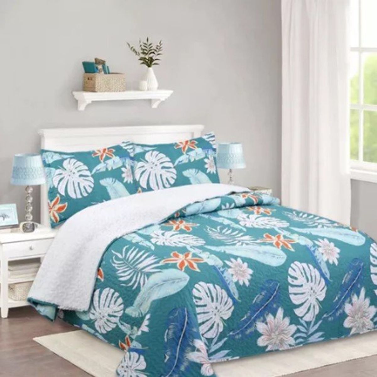 GENERICO - CUBRECAMA DE VERANO TELA CON CHIPORRO 1.5 PLAZAS HOJAS TURQUESA FY