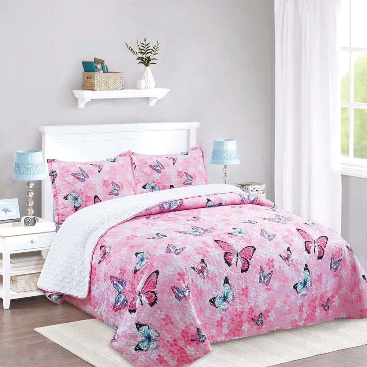 GENERICO - CUBRECAMA DE VERANO TELA CON CHIPORRO 1.5 PLAZAS ROSA MARIPOSAS FY