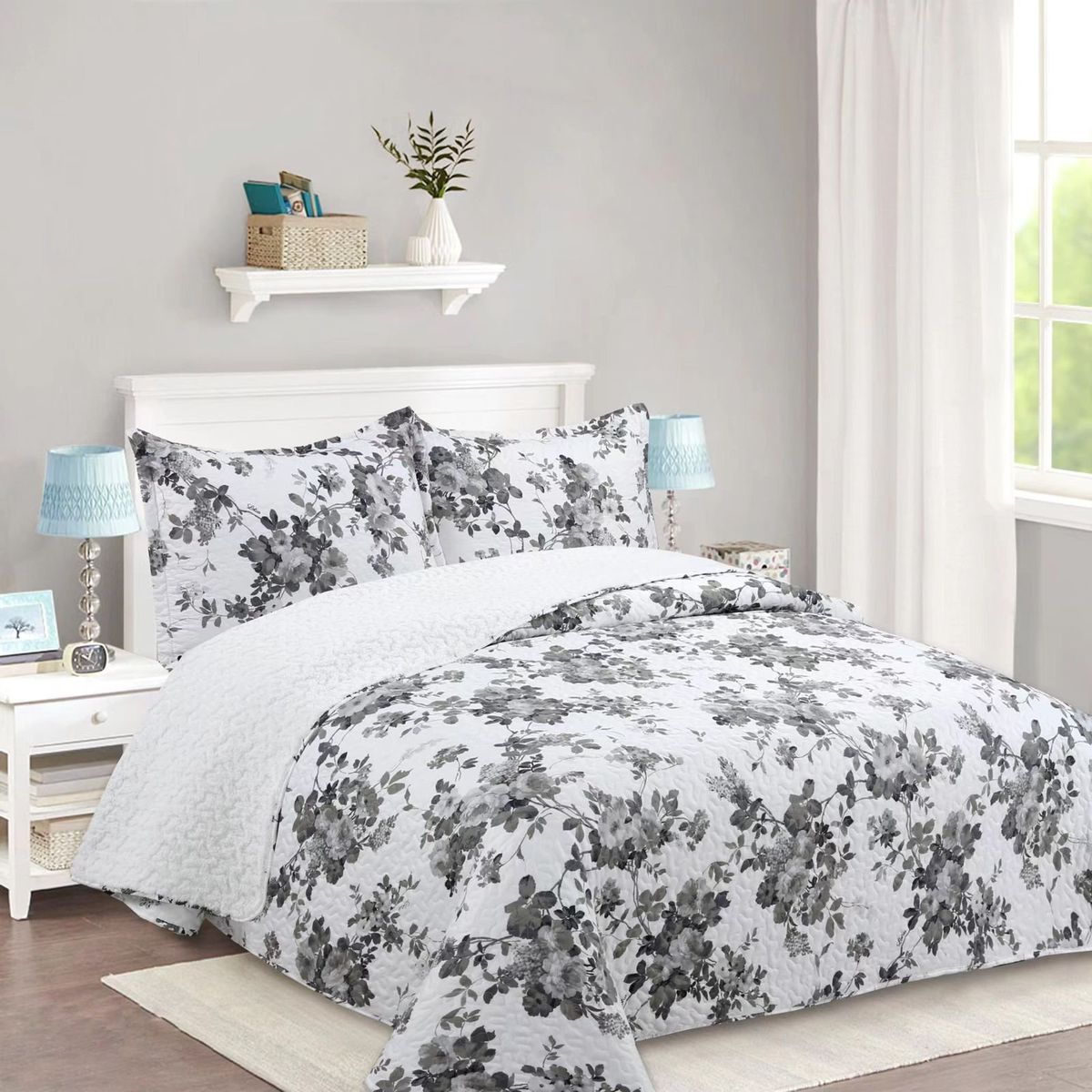 GENERICO - CUBRECAMA DE VERANO TELA CON CHIPORRO 2 PLAZA FLOR GRIS FY