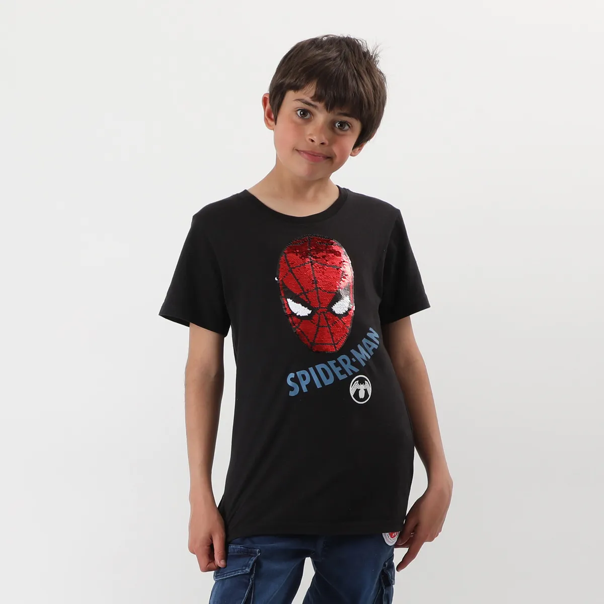 MARVEL - Polera Manga Corta Niño Lentejuelas Spiderman Negro Marvel