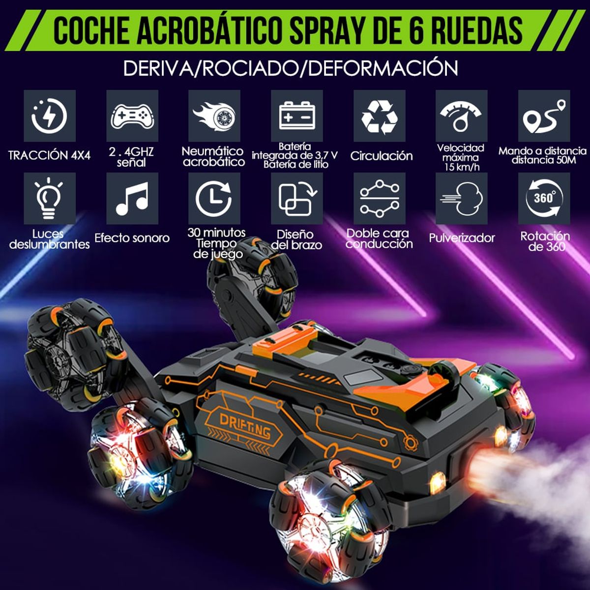 LUKOVEE - 24ghz Coche Rc Stunt Carro De Juguete Con Lucesmúsica 360°