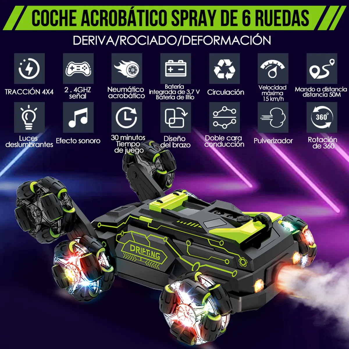 LUKOVEE - 24ghz Coche Rc Stunt Carro De Juguete Con Lucesmúsica 360°