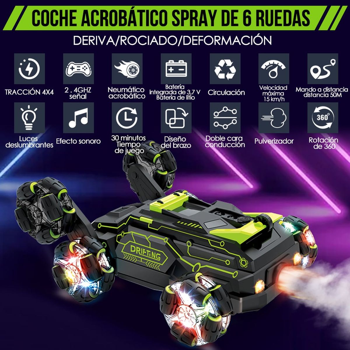 LUKOVEE - 24ghz Coche Rc Stunt Carro De Juguete Con Lucesmúsica 360°