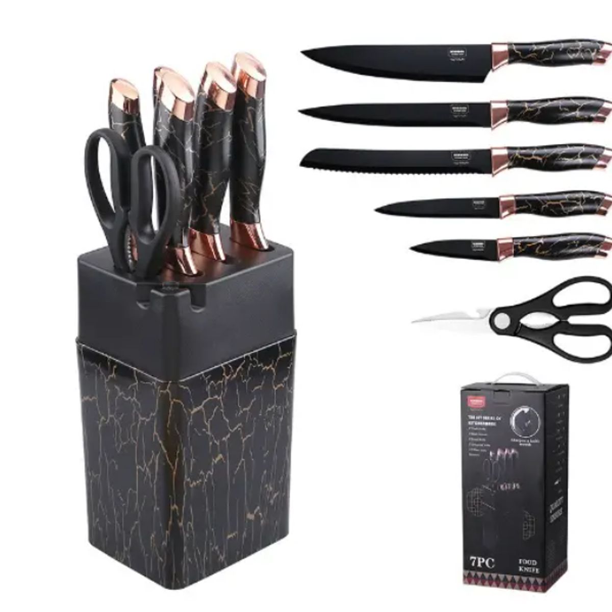 GENERICO - Set Cuchillos De Cocina 7 Piezas Con Bloque Diseño De Mármol