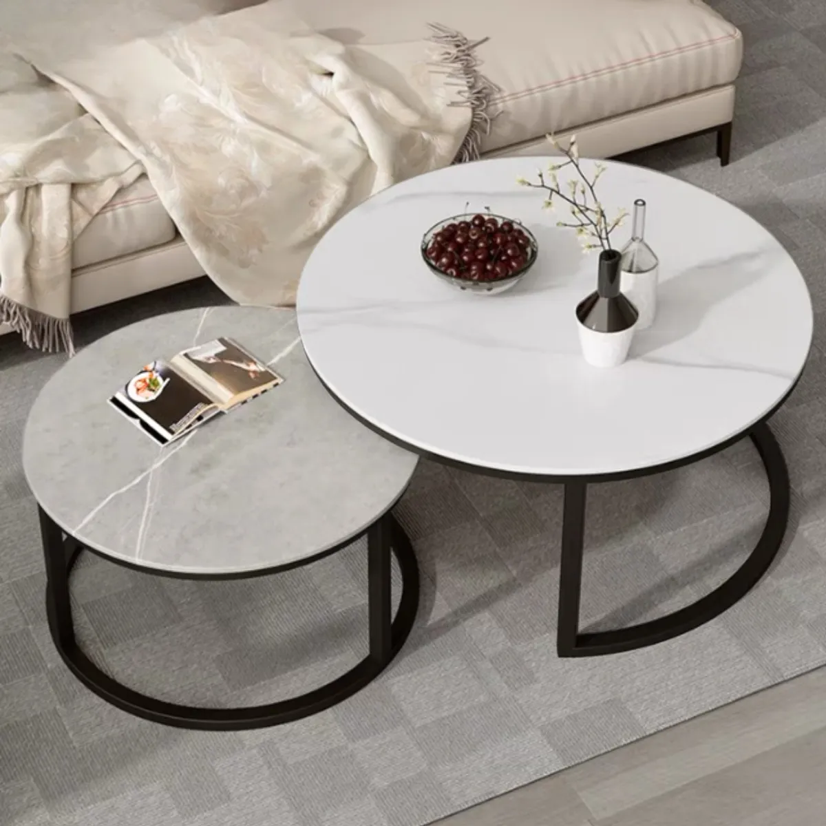 SANTU HOME & DECO - Mesa De Centro Doble Anidada Apilable Loza De Piedra Negro