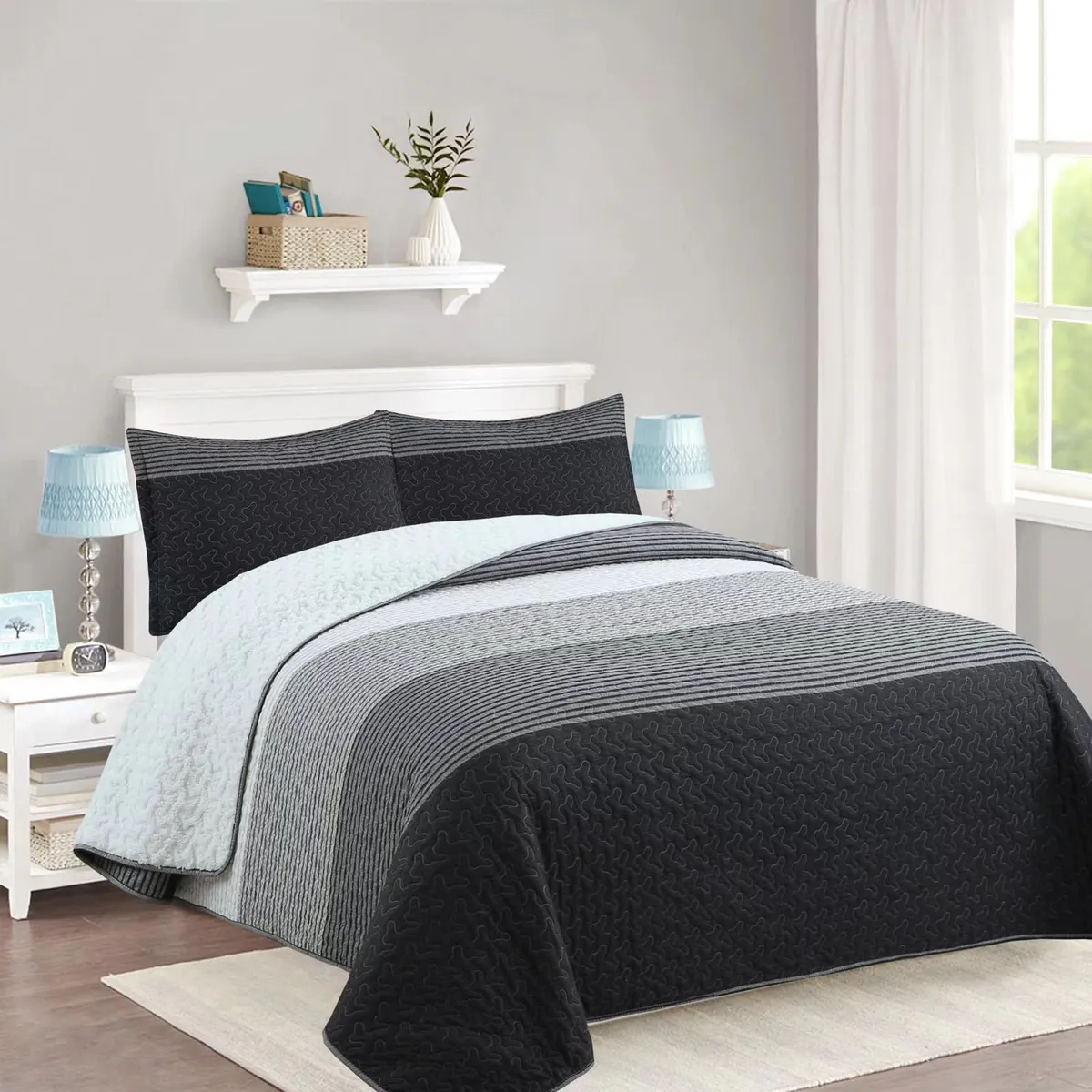 GENERICO - CUBRECAMA DE VERANO TELA CON CHIPORRO LINEAS GRISES 1.5 PLAZAS FY