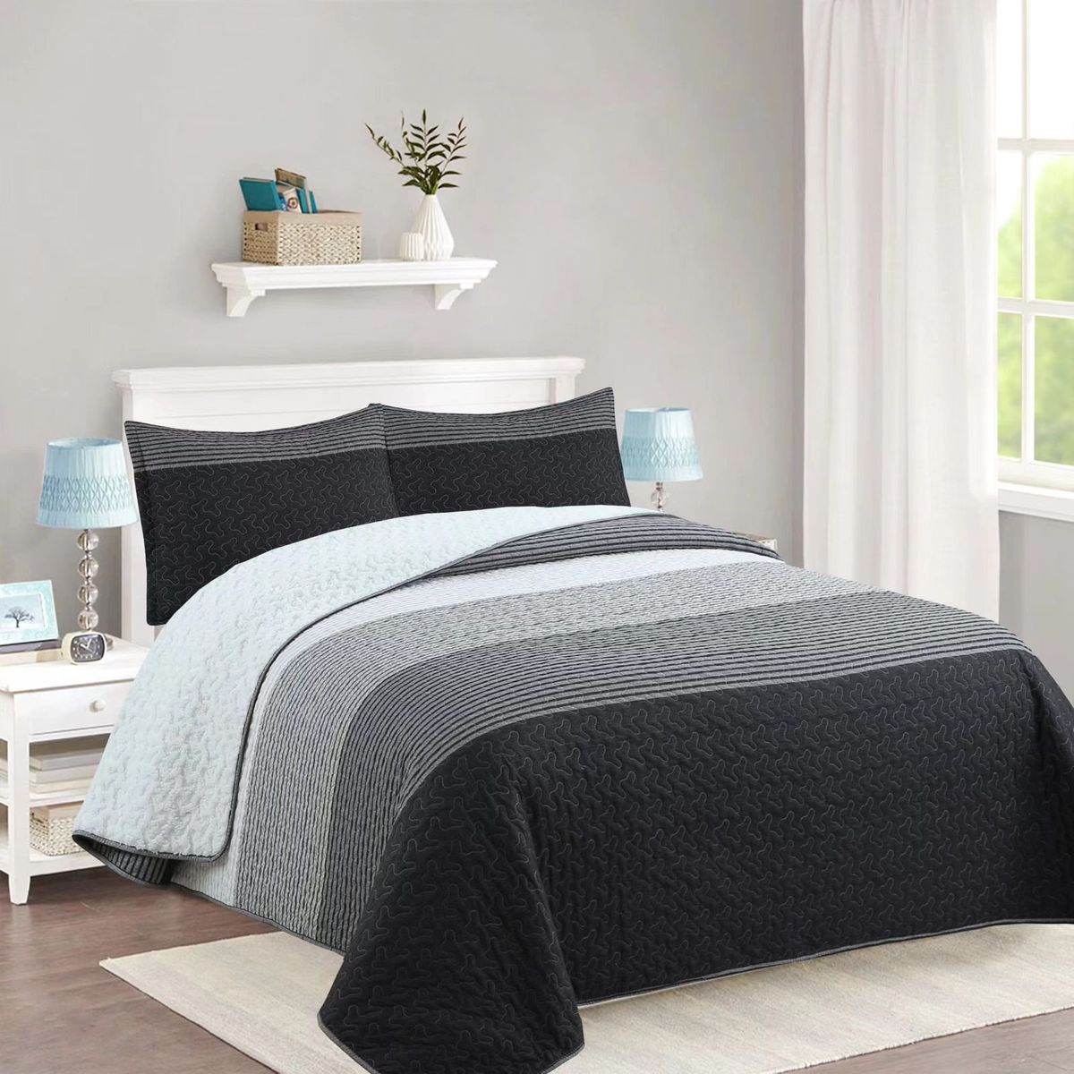 GENERICO - CUBRECAMA DE VERANO TELA CON CHIPORRO LINEAS GRISES 1.5 PLAZAS FY