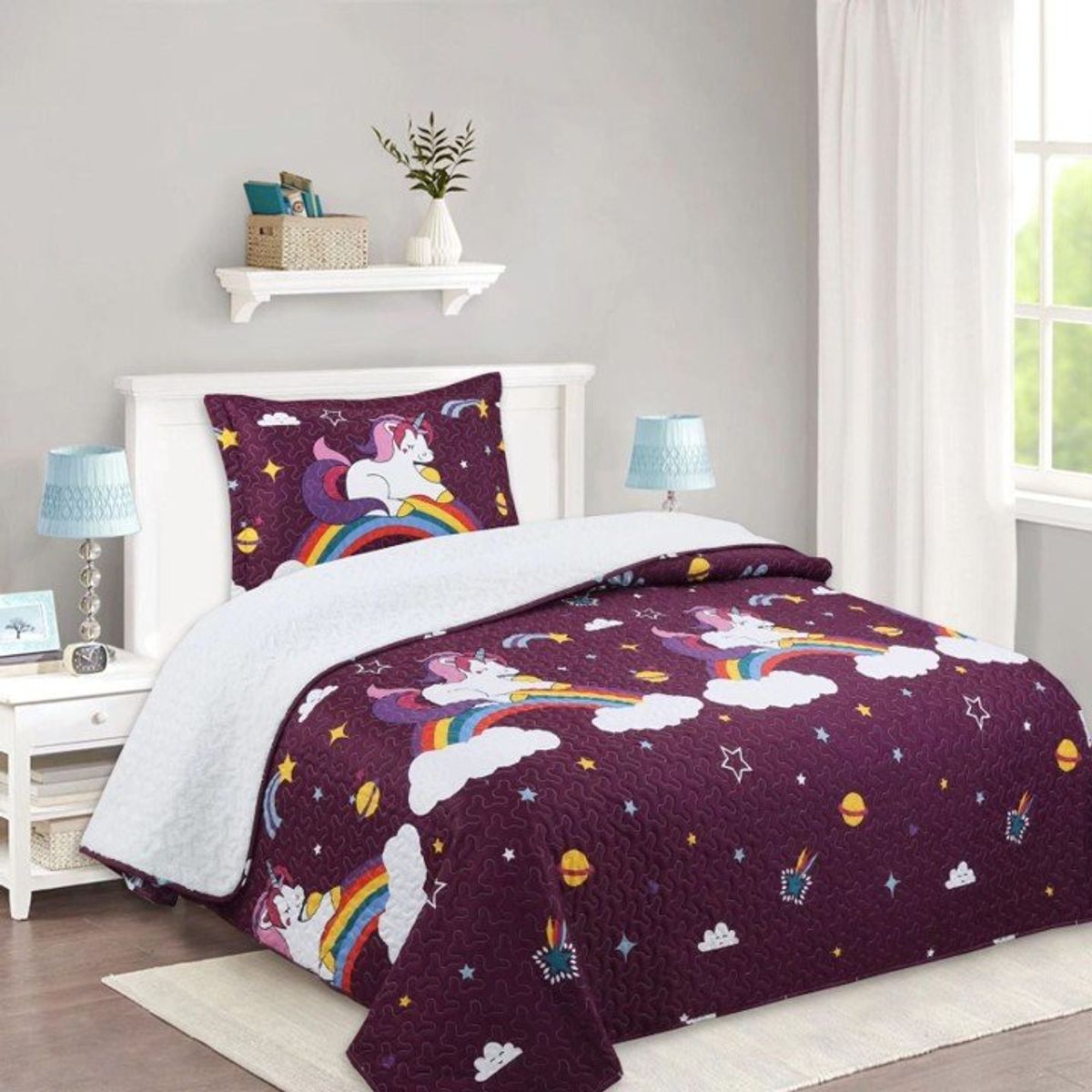 GENERICO - CUBRECAMA DE VERANO TELA CON CHIPORRO UNICORNIO VIOLETA 1.5 PLAZAS FY