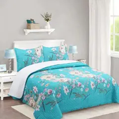 GENERICO - CUBRECAMA DE VERANO TELA CON CHIPORRO CELESTE FLOR 2 PLAZAS FY