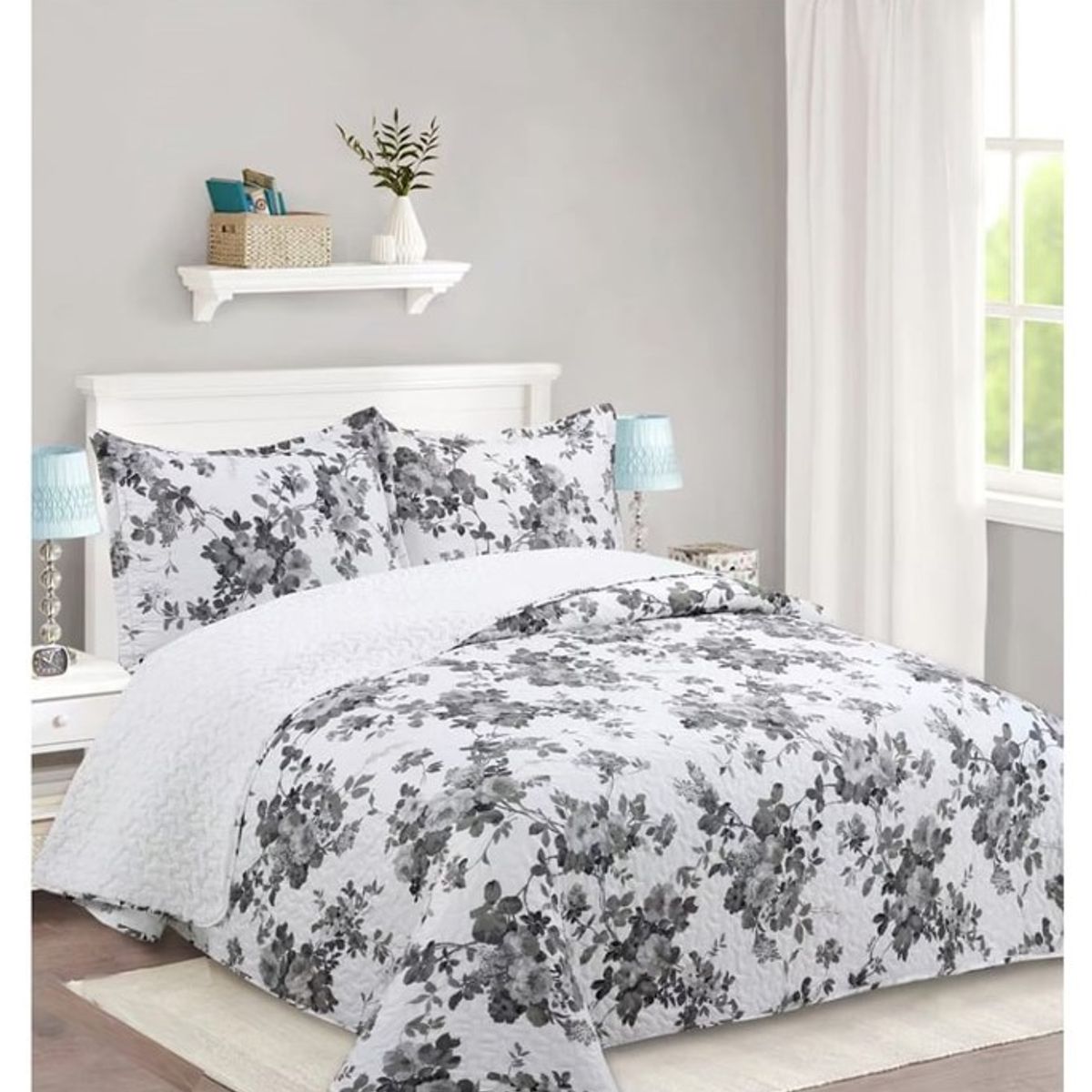 GENERICO - CUBRECAMA DE VERANO TELA CON CHIPORRO FLOR GRIS 1.5 PLAZAS FY