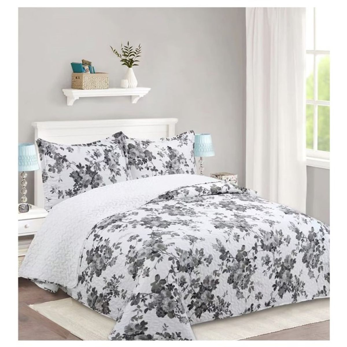 GENERICO - CUBRECAMA DE VERANO TELA CON CHIPORRO FLOR GRIS 1.5 PLAZAS FY