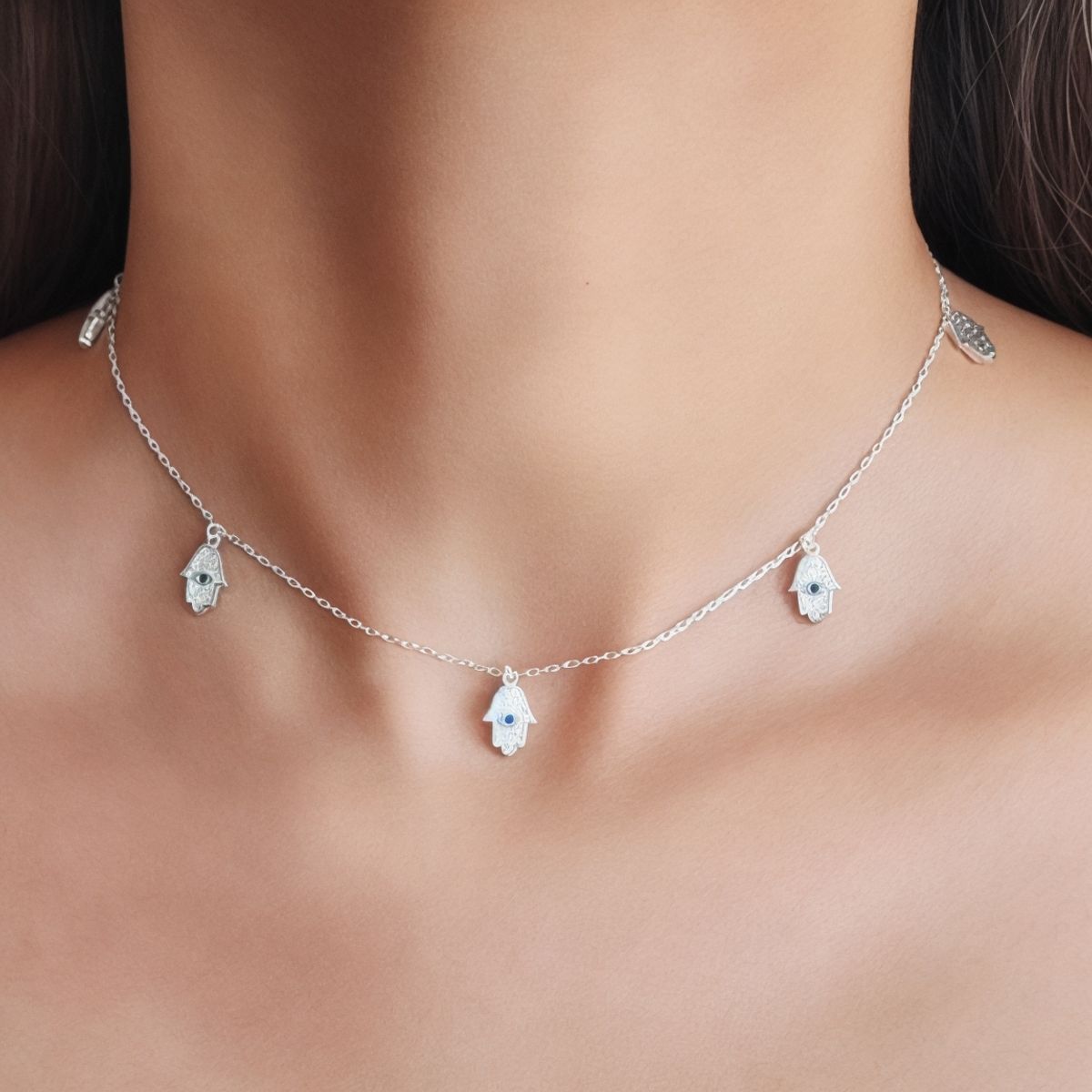 COGGIOLA - Collar Choker 5 Mano De Fátima Circón Plata Fina 925