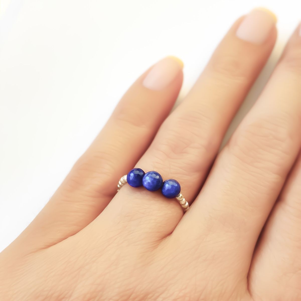 COGGIOLA - Anillo 3 Bolitas Lapislázuli Plata Fina 925 Elásticado