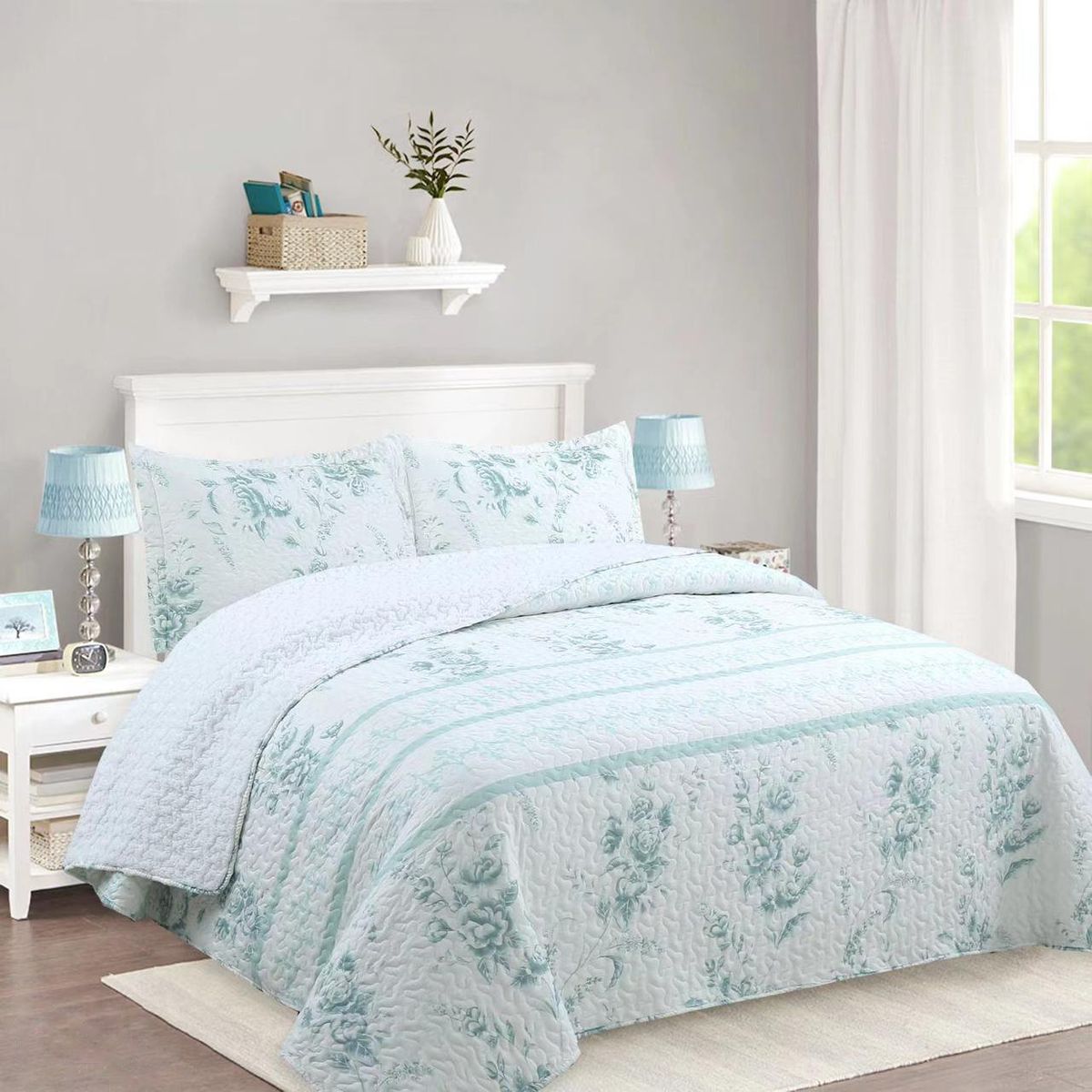 GENERICO - CUBRECAMA DE VERANO TELA CON CHIPORRO FLOR VERDE 2 PLAZAS FY