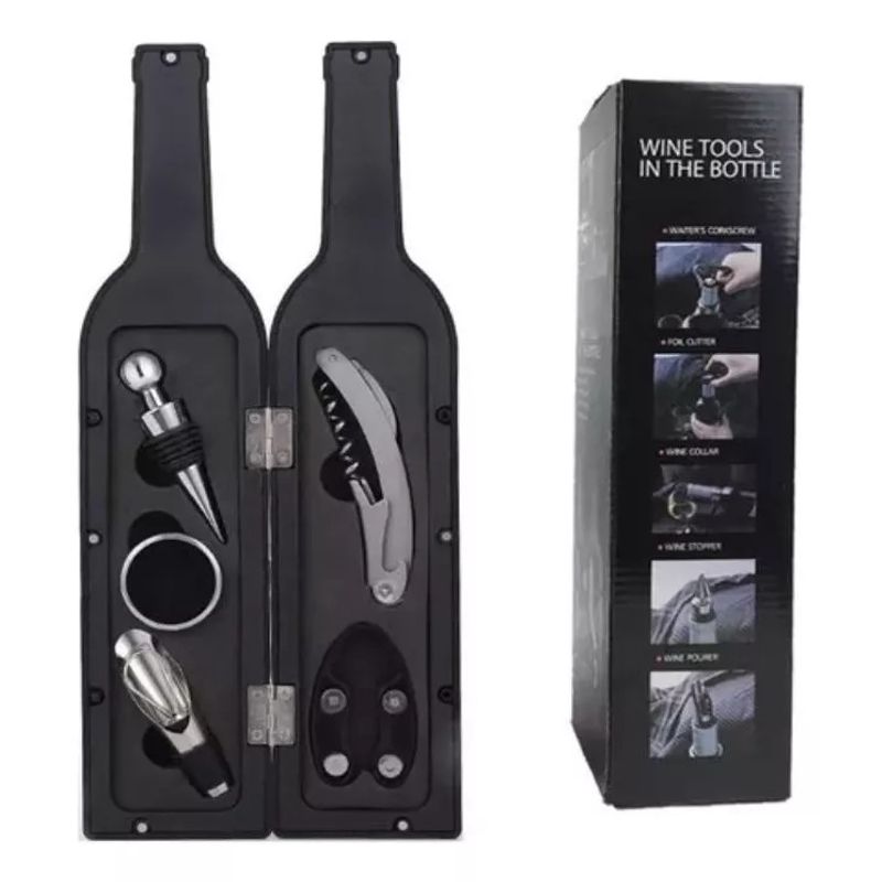 GENERICO - Destapador De Vino Set Botella Estuche 5 Piezas